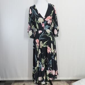 Yumi Kim Black Floral Open Back A-line V-neck Midi Dress Bell Sleeves Size Small